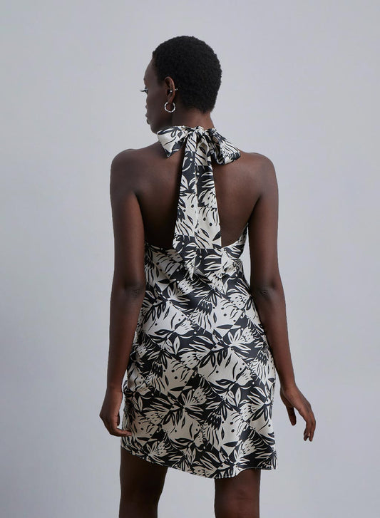 Tropical Print Halter Neck Silk Mini Dress
