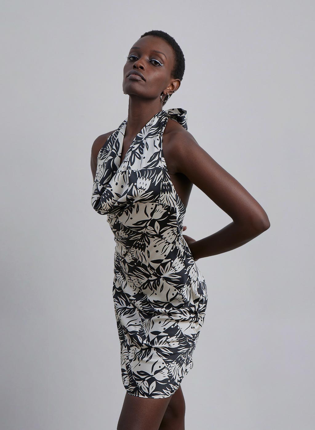 Tropical Print Halter Neck Silk Mini Dress