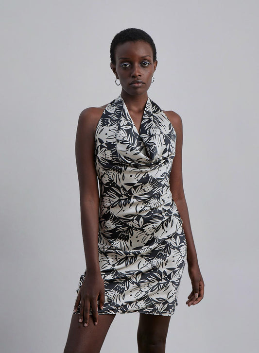 Tropical Print Halter Neck Silk Mini Dress