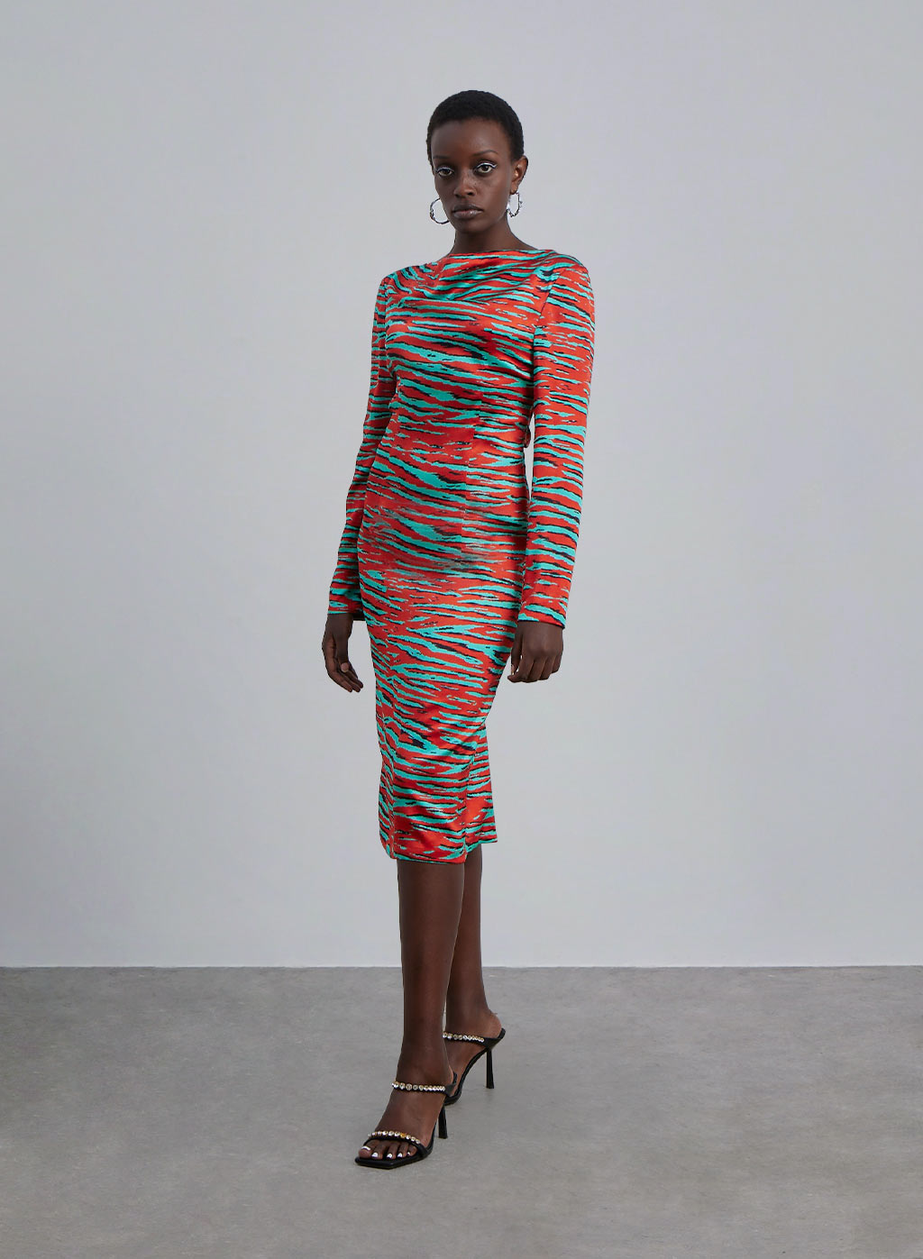 Tiger-Print Silk Long Sleeve Backless Dress