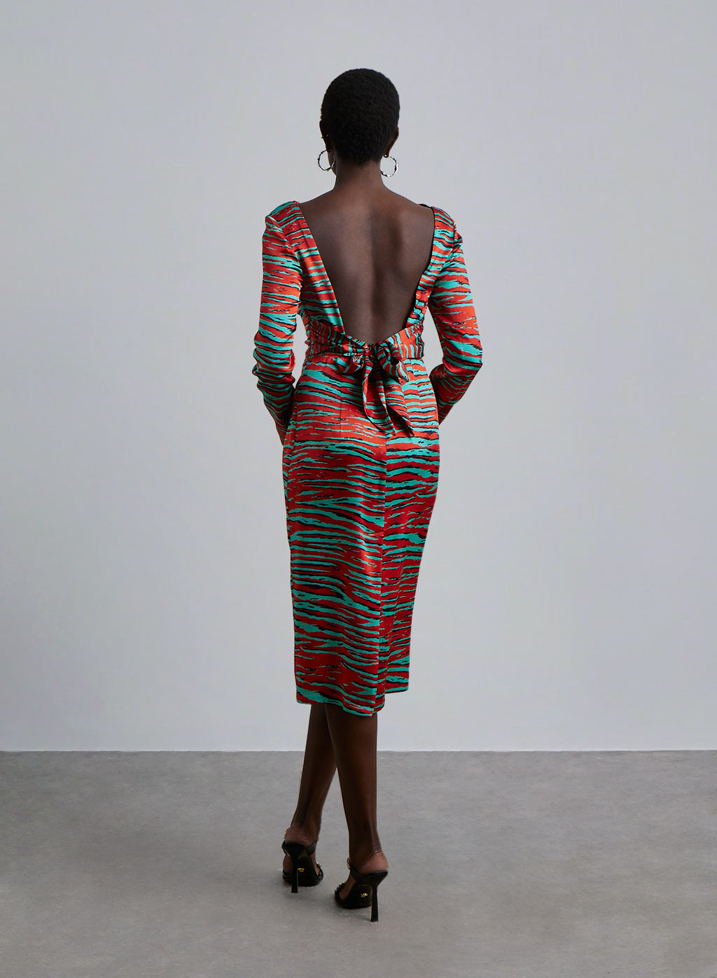 Tiger-Print Silk Long Sleeve Backless Dress
