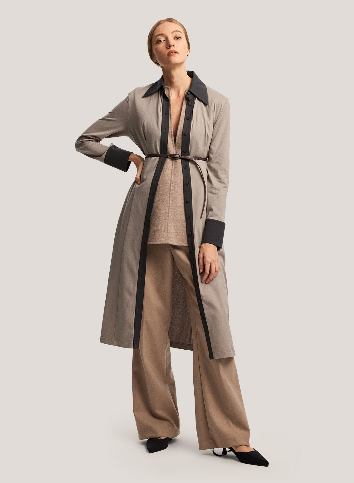 Two-Tone Buttoned 100% Cotton Long Dress