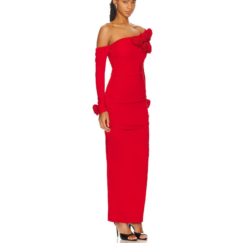 Three-dimensional Flower Slanted Shoulder Long Sleeved Dress image 1