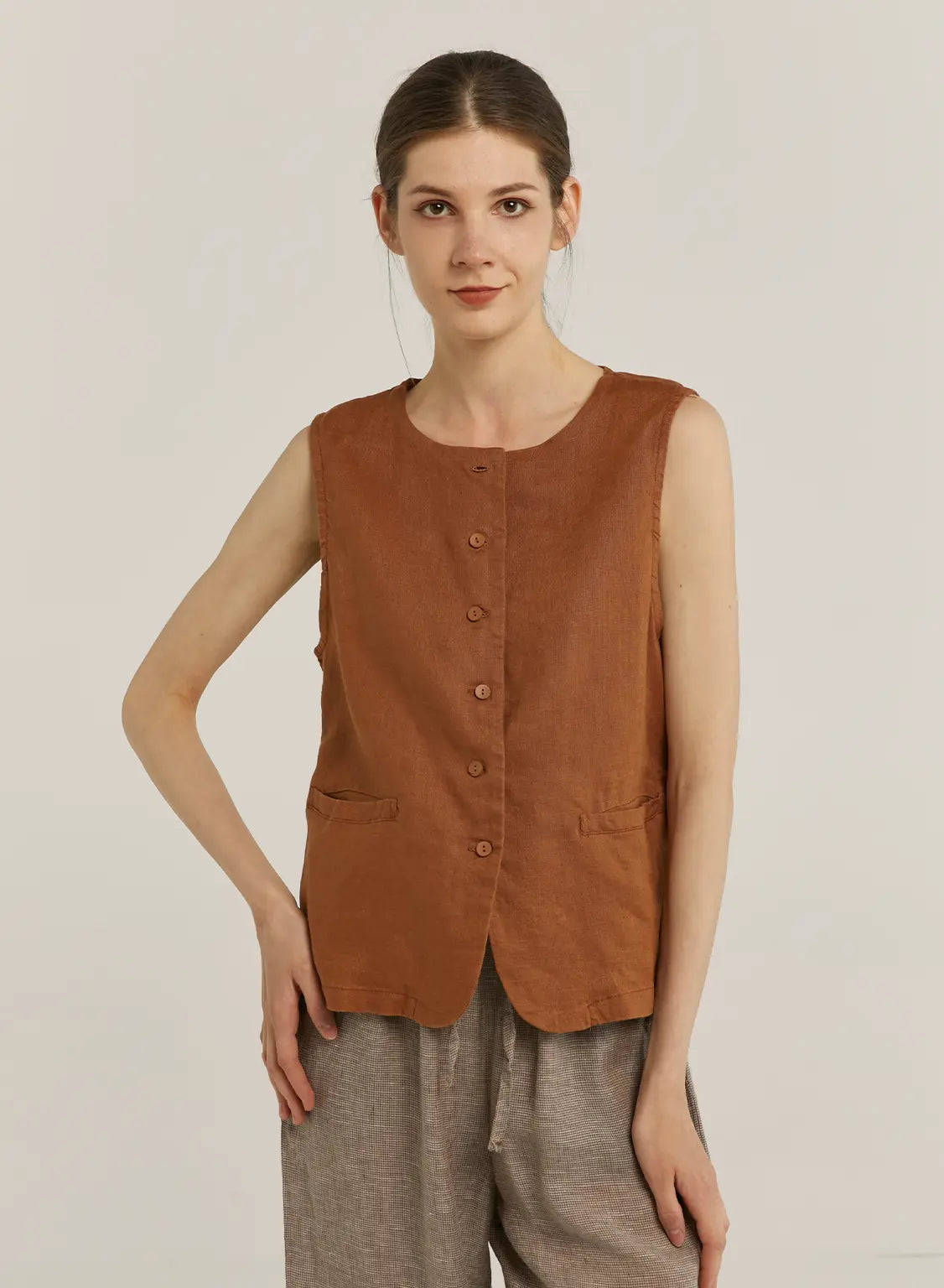 100% Linen Crew-Neck Buttoned Vest - Sepia, OS image