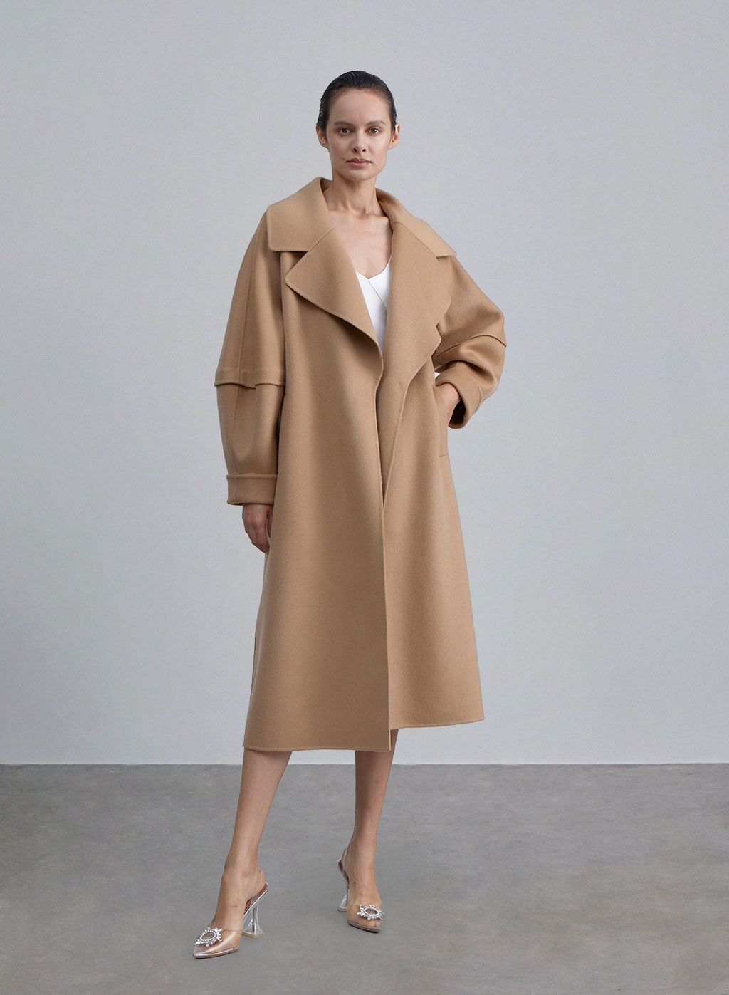Wide Lapel Layered Sleeve Wool Coat - Peanut Butter, S image