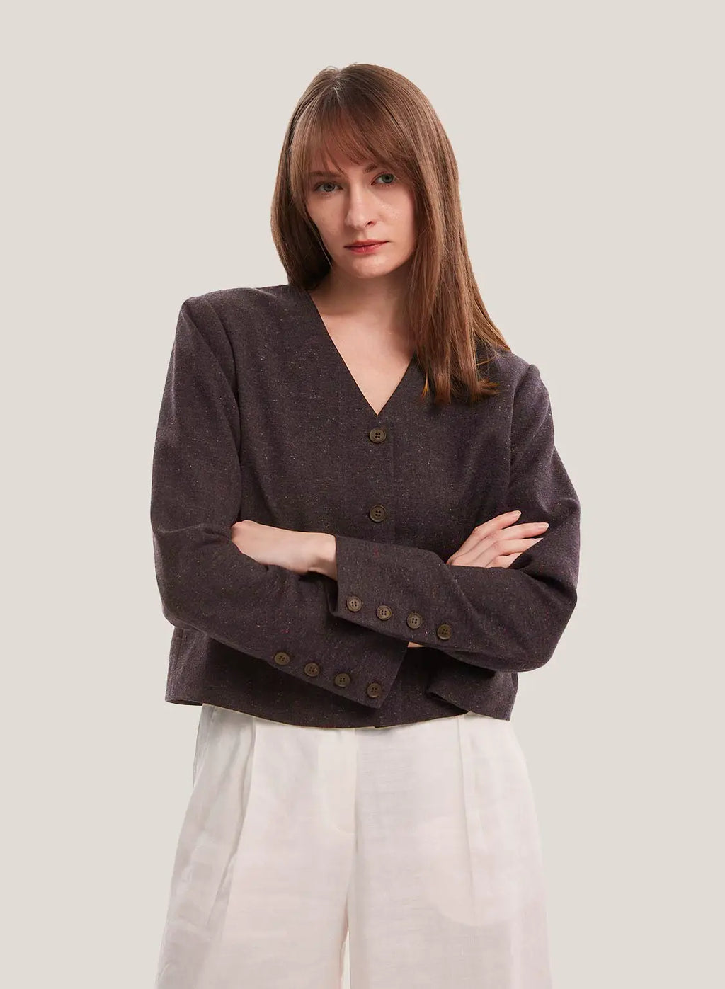 Collarless Buttoned Wool Short Jacket