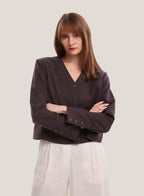 Collarless Buttoned Wool Short Jacket