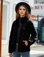 Stand-up Collar Plush Jacket Winter Long-sleeved Loose Zipper Cardigan Fashion Solid Color Checkerboard Design Coat Women Outwear - Black, M image