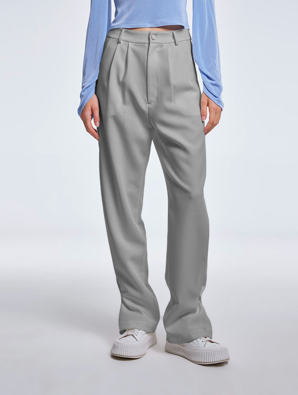 Pleated Straight Pants with Buttoned Bottom - Gray, M image