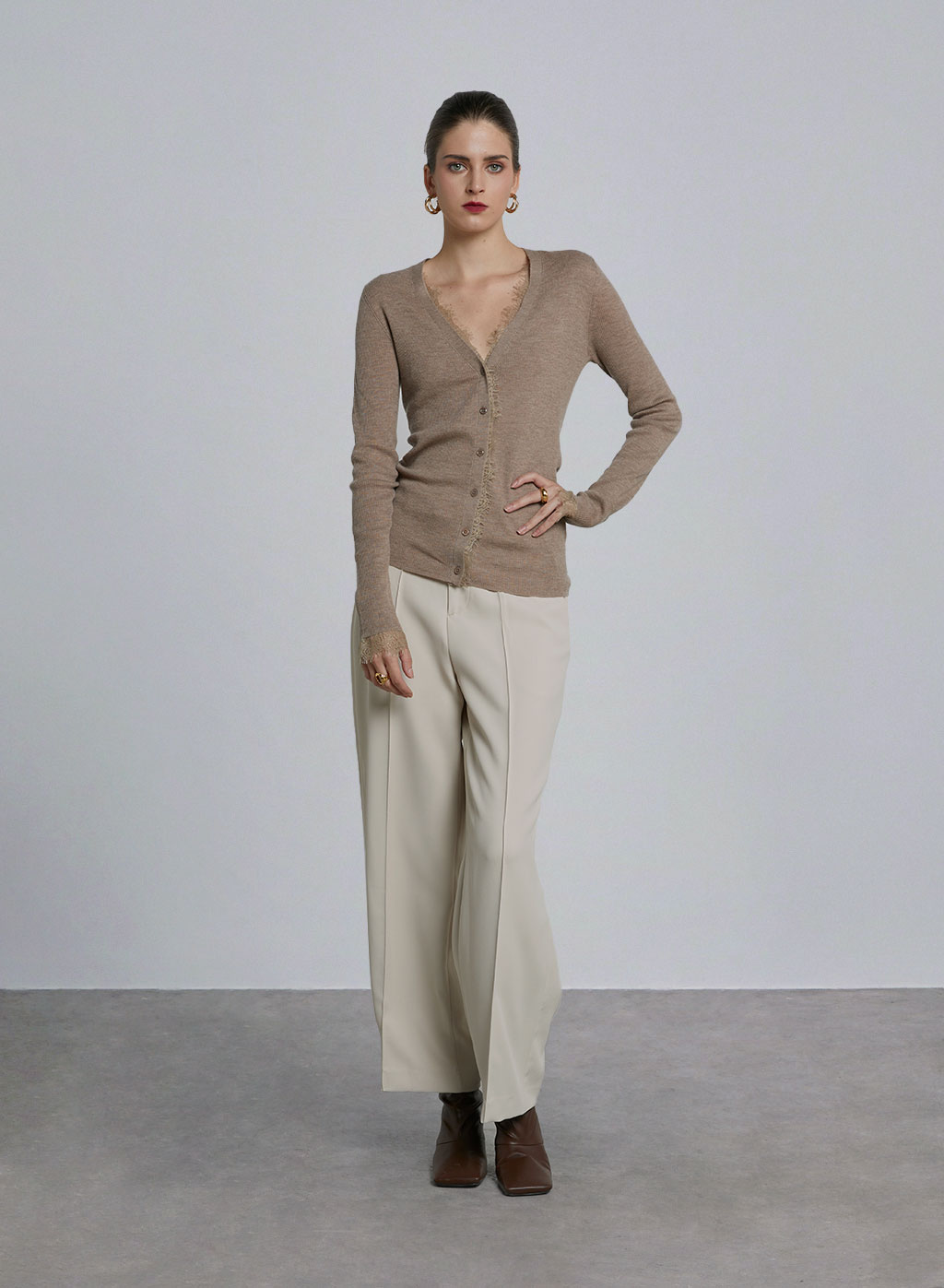 Fitted Lace Detail Cashmere Cardigan - Dark Sand, S image