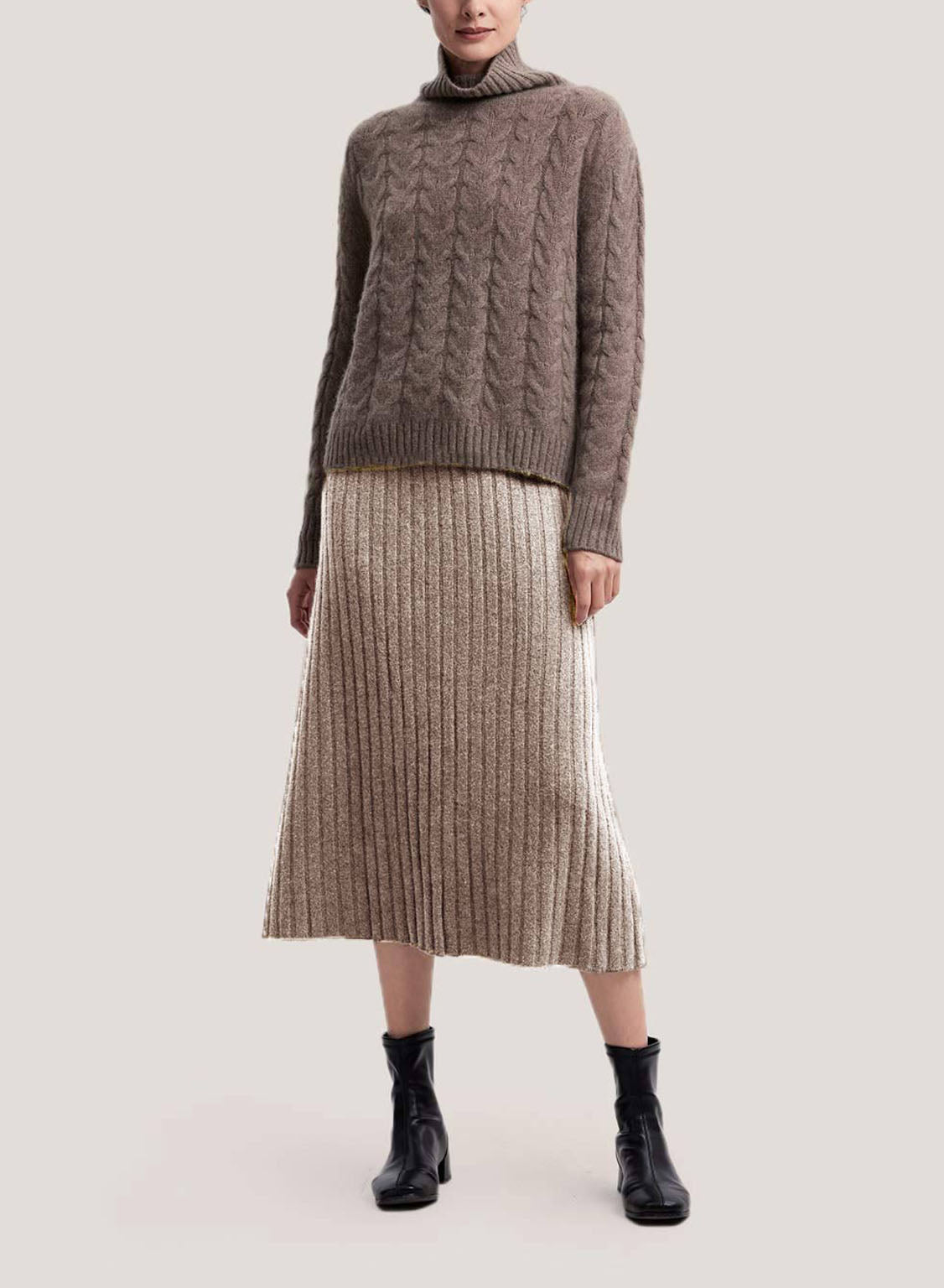 Rib-Knit Pure Wool Long Skirt - Pale Taupe, XS image