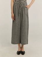 100% Linen Checked Drawstring-Waist Wide Pants - Regal Blue, OS image