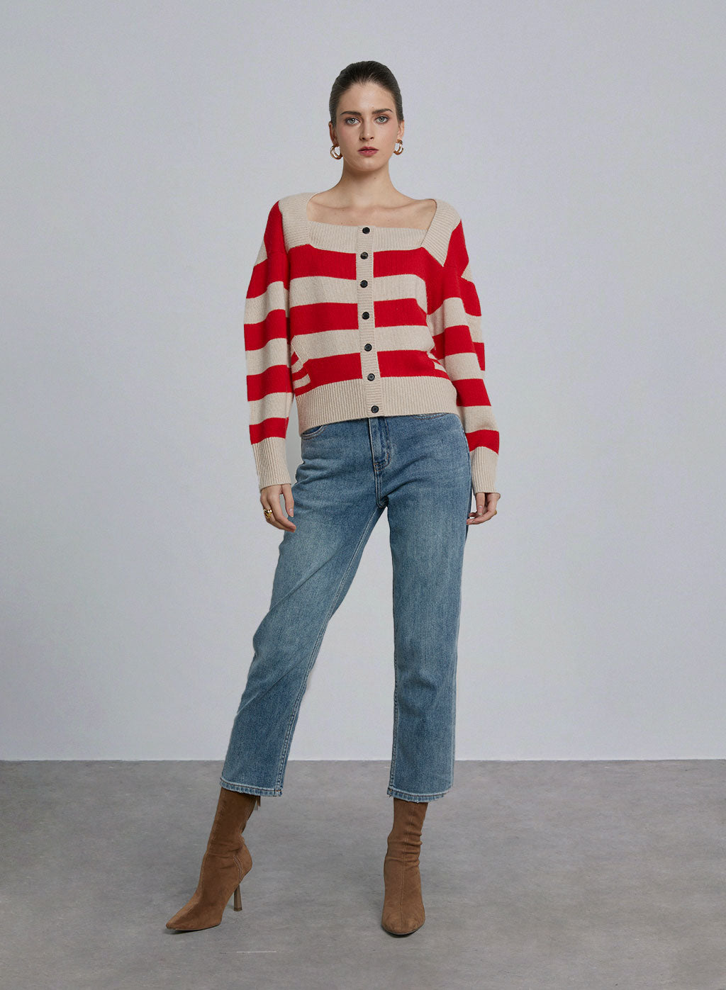 Square Neck Striped Wool Sweater - Cherry, S image