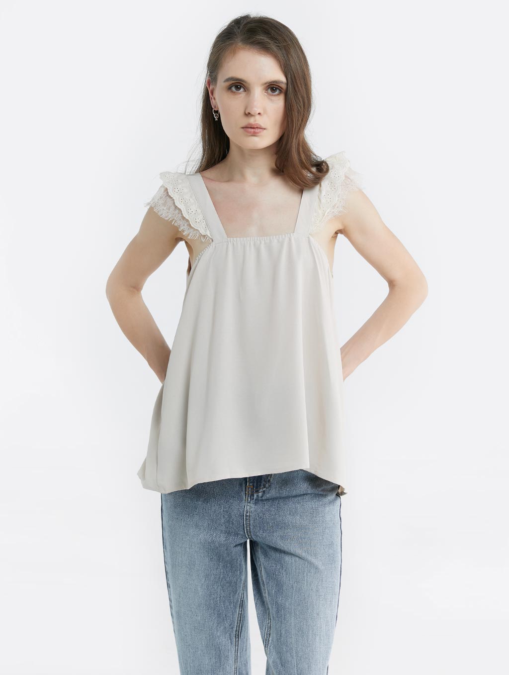 V-neck Flying Sleeve Top - Ivory, M image