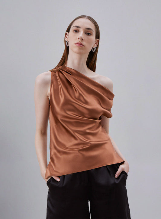 Asymmetrical Off-the-Shoulder Draped Silk Top image 0