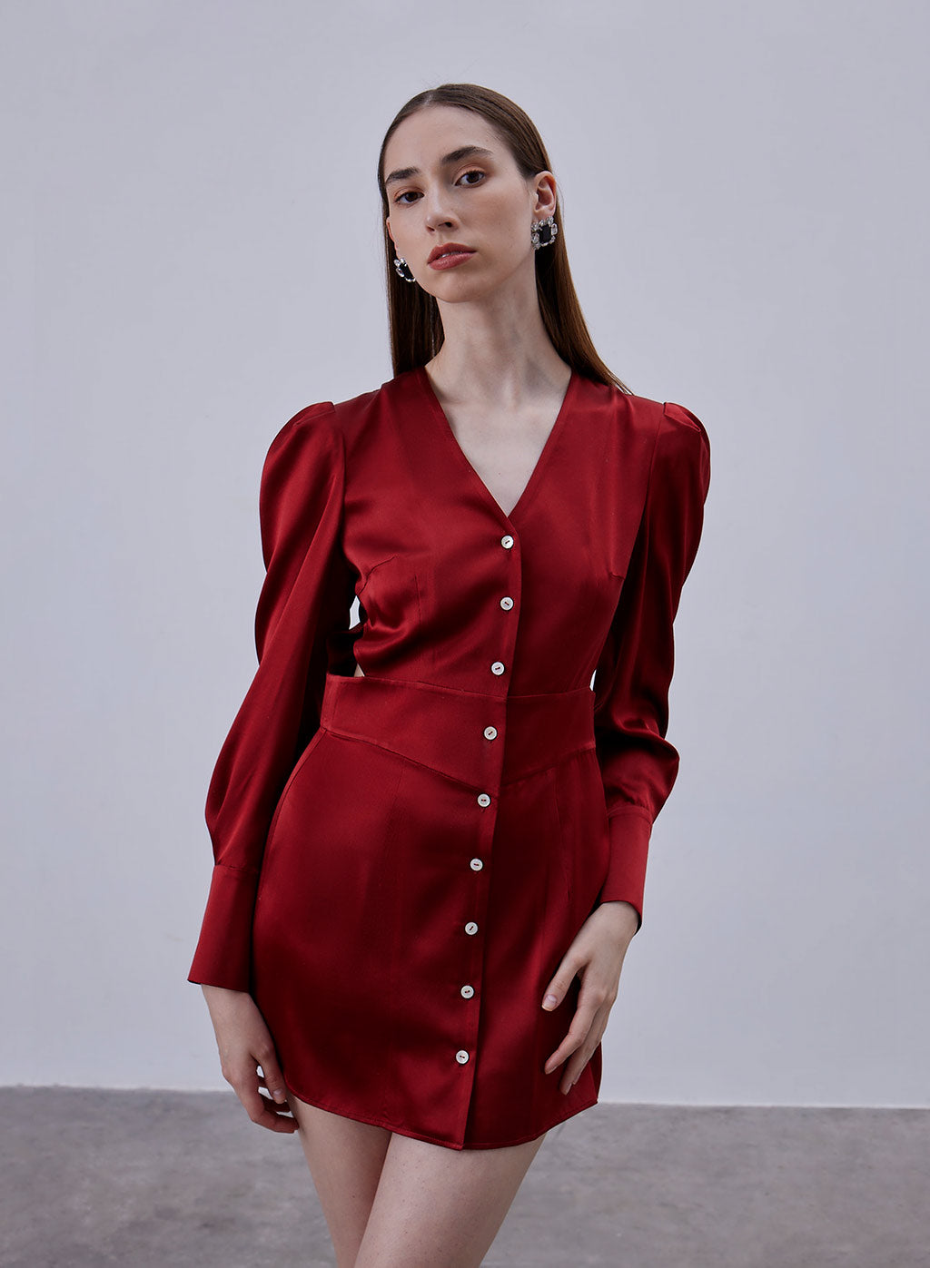 Cut-Out Long Puff Sleeve Silk Mini Dress image 0