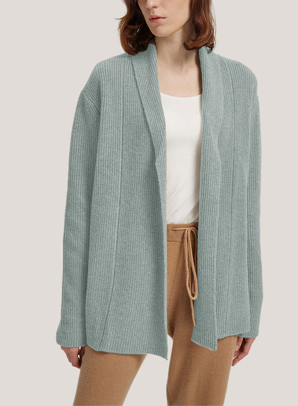 Wool-Cashmere Cardigan With Ribbed Shawl Collar - Lake Blue, M image