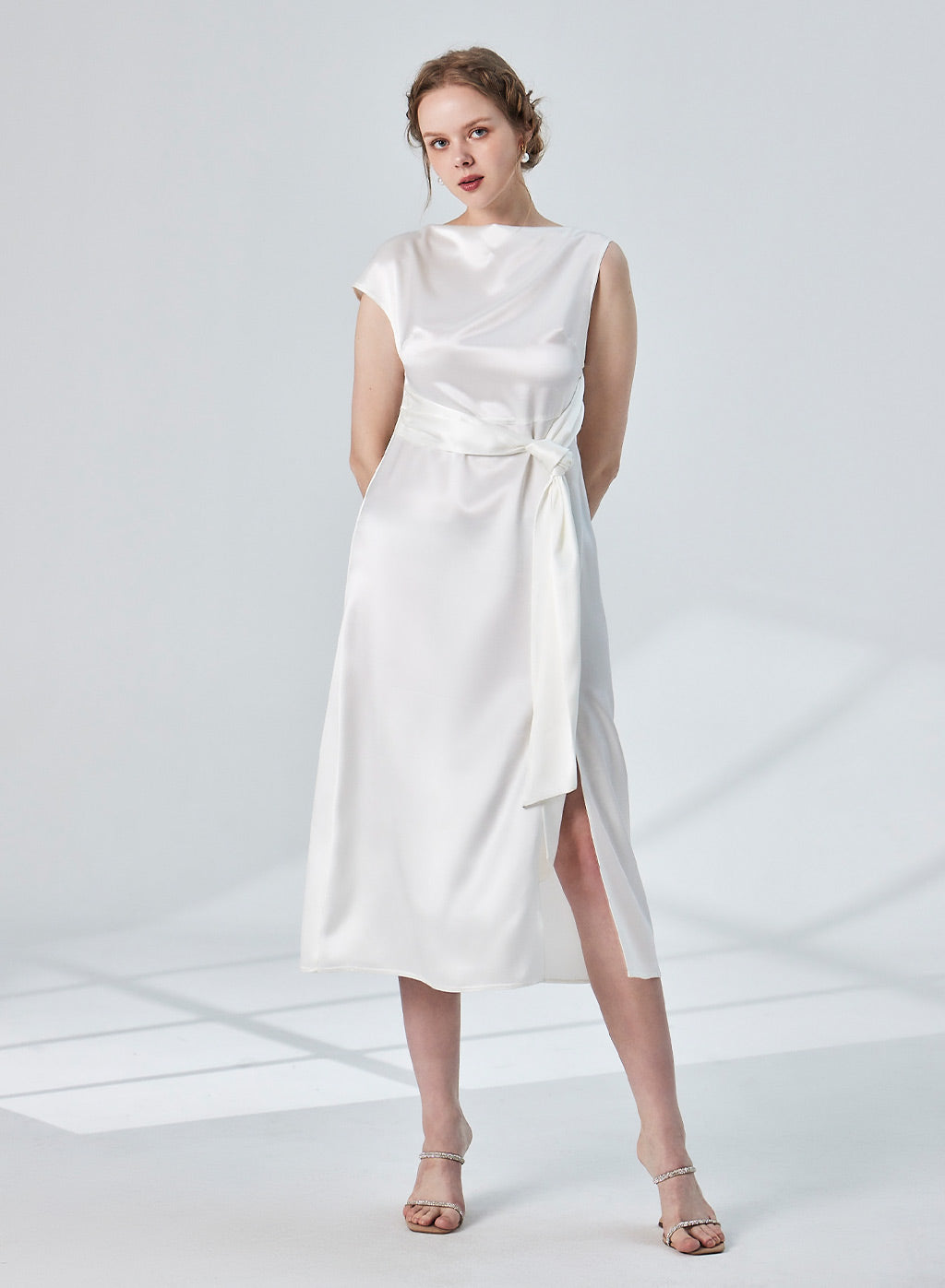 Asymmetric Shoulder Satin Midi Dress - Pearl White, XS image