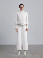 Flap Pocket Faux Leather Vest - Cream, S image