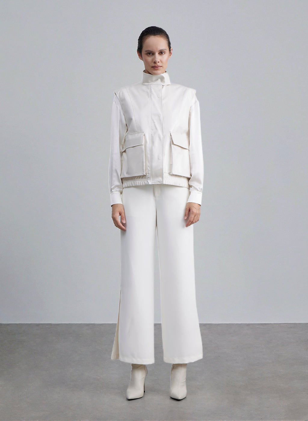 Flap Pocket Faux Leather Vest - Cream, S image
