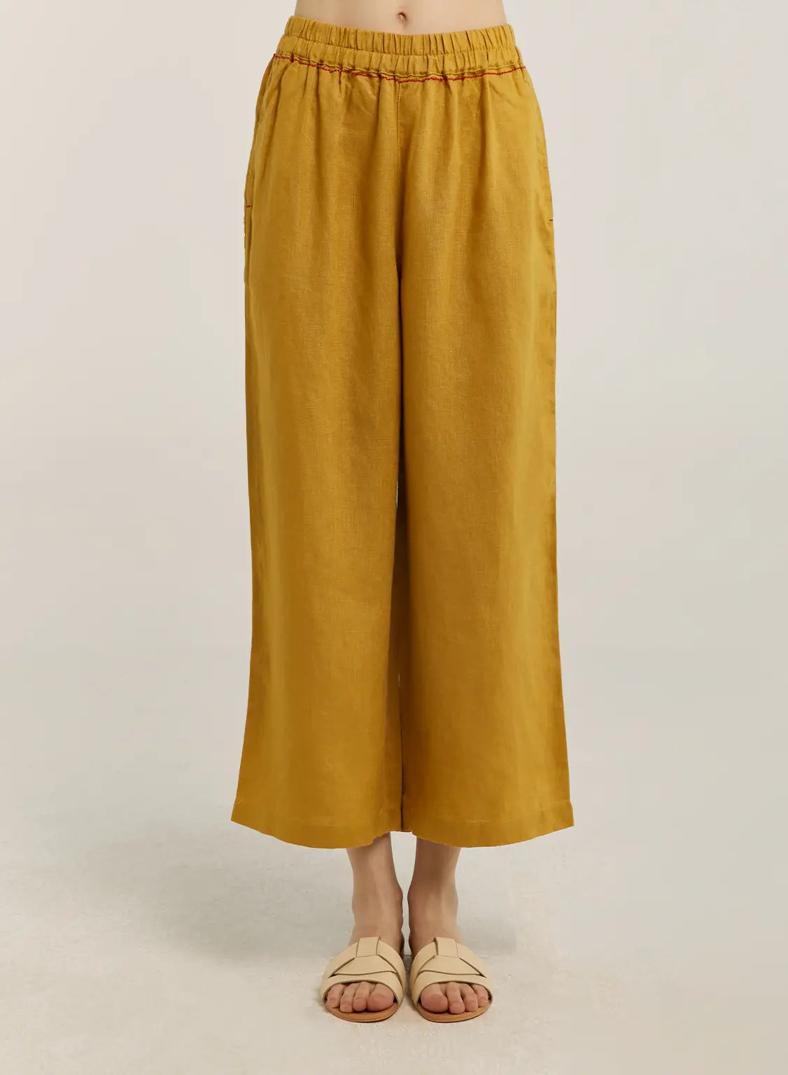 100% Linen Cropped Straight Pants - Honey, M image