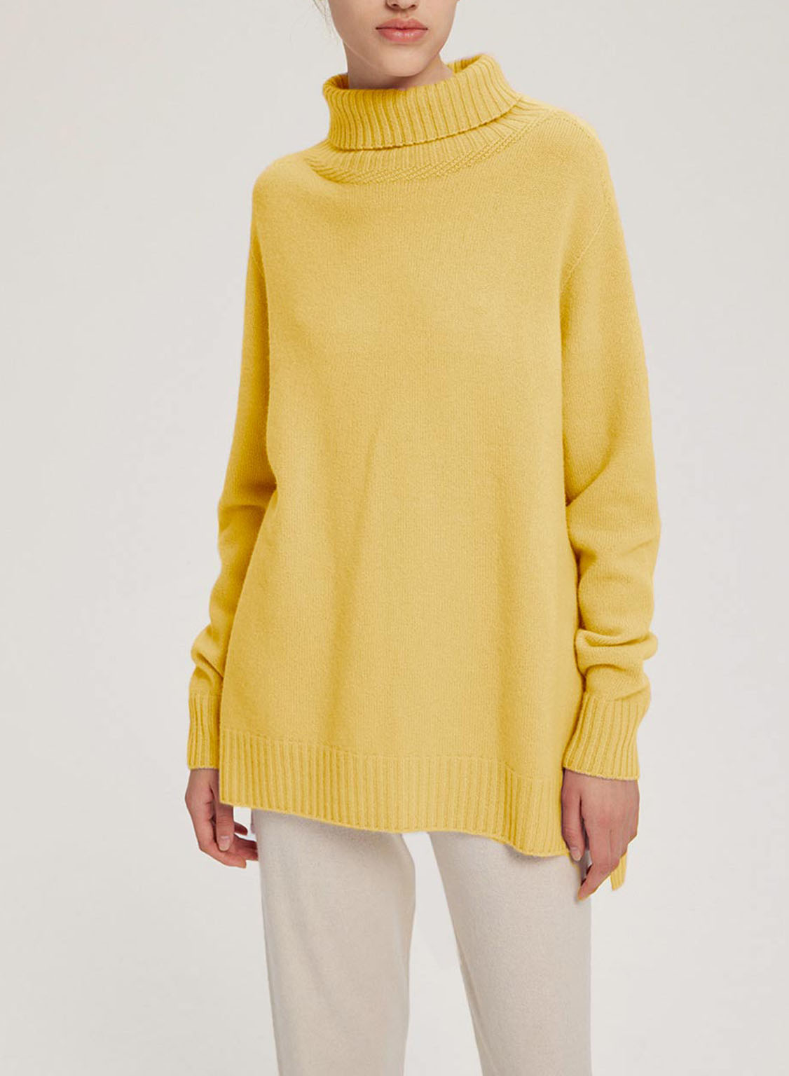 Ribbed-Trim Funnel-Neck Wool-Cashmere Sweater - Yellow, S image