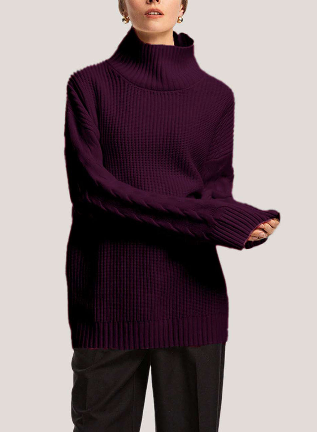 Oversized Pure Wool Turtleneck Sweater - Burgundy, M image