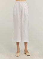 100% Linen Cropped Wide-Leg Pants - White, L image