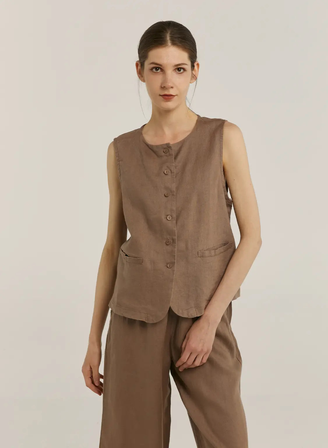 100% Linen Crew-Neck Buttoned Vest - Rosy Brown, OS image