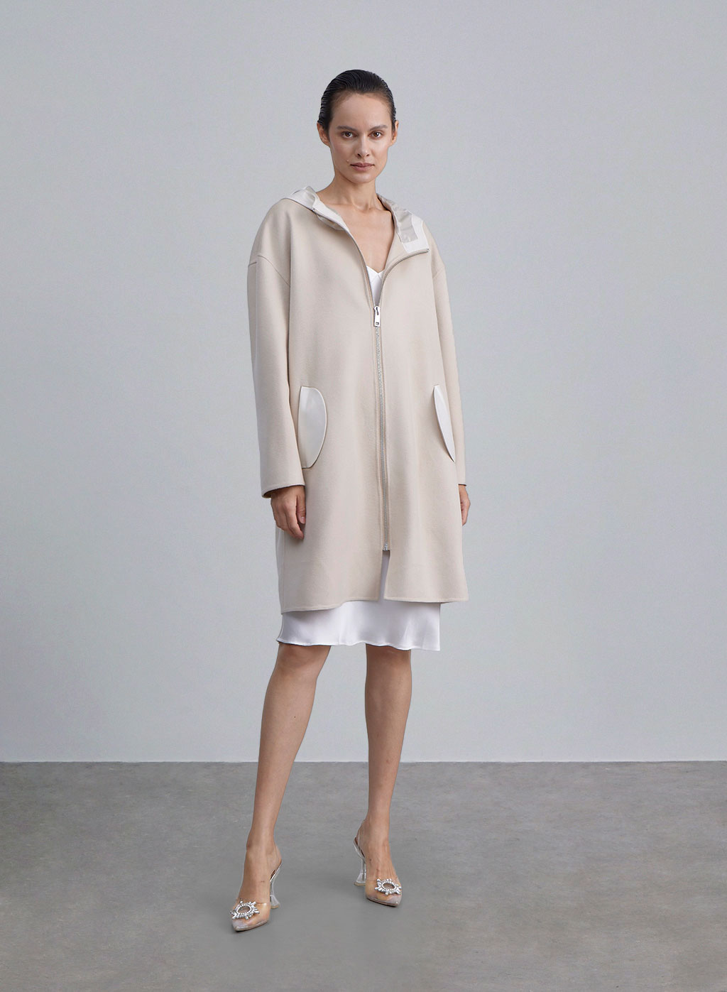 Hooded Zip-Up Wool Coat - Ecru White, S image