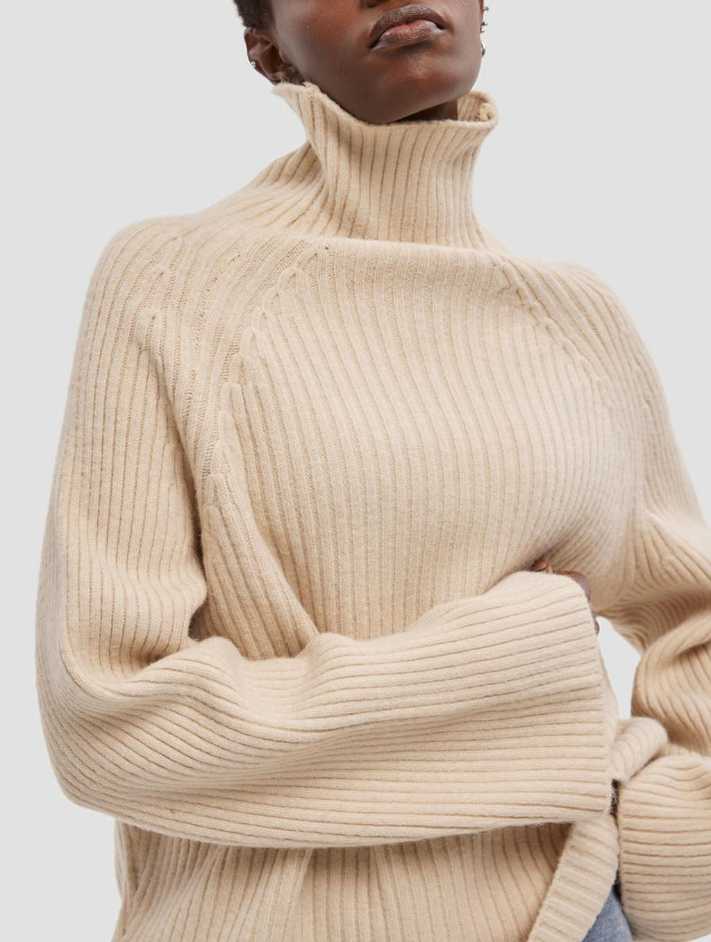 Cropped High-collar Knit Sweater - Beige, L image
