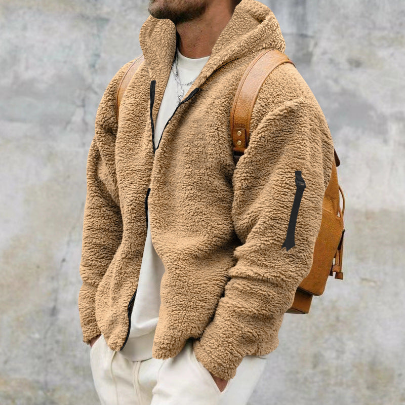 Plush Hooded Jacket Men's Autumn And Winter Fleece Double-sided Wear Warm Coat With Zipper Loose Casual Jacket Outdoor Clothing - Khaki, M image