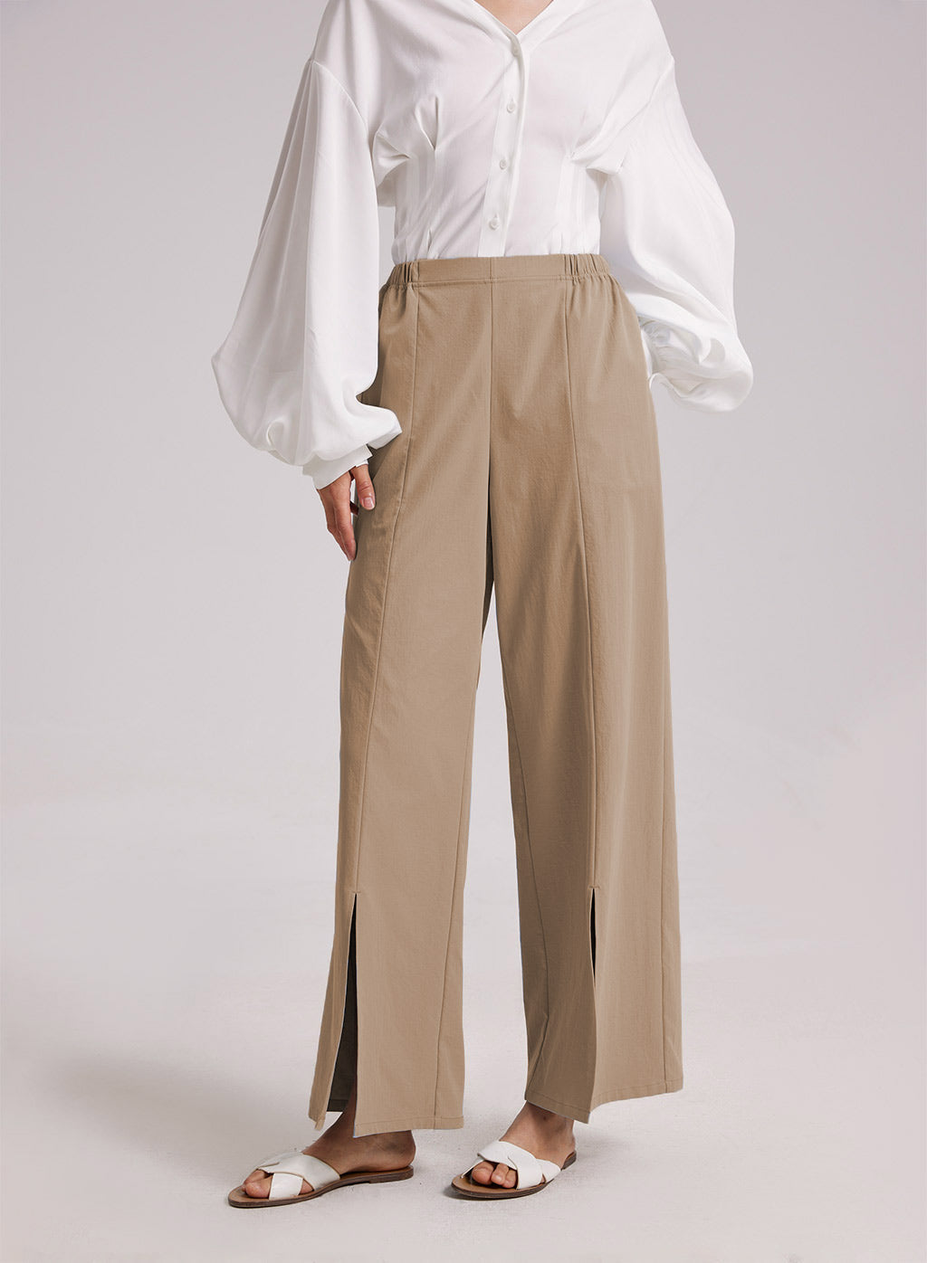 Wide Leg Split Pants - Khaki, L image