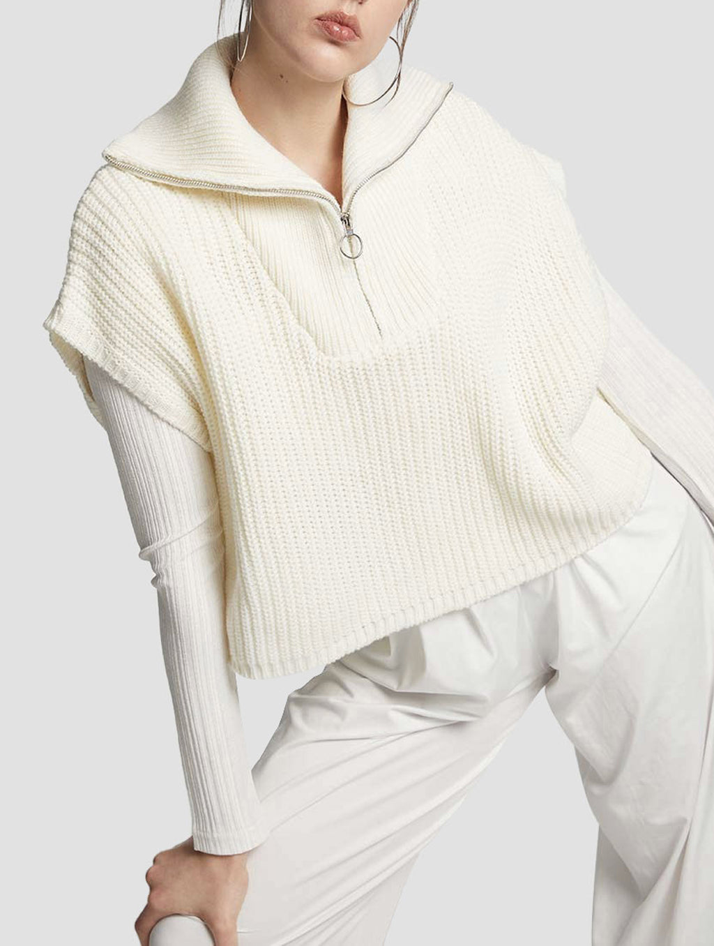Half Batwing-sleeved Sweater - Cream, M image