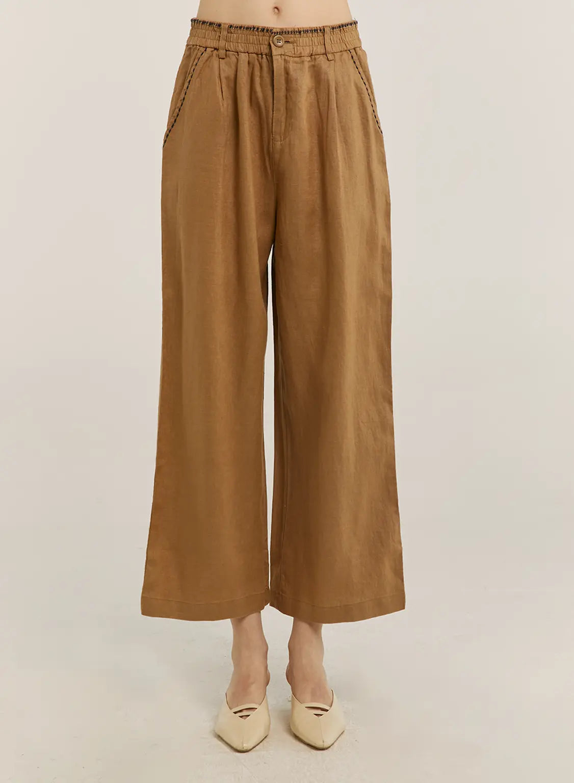 100% Linen Contrast Line Wide-Leg Pants - Peanut Butter, L image