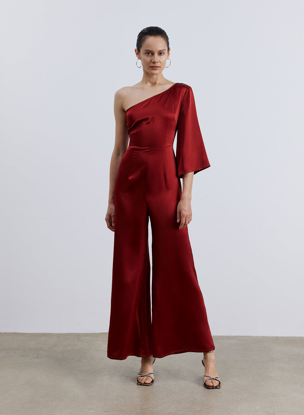 Diagonal Shoulder Silk Jumpsuit - Burgundy, XS image