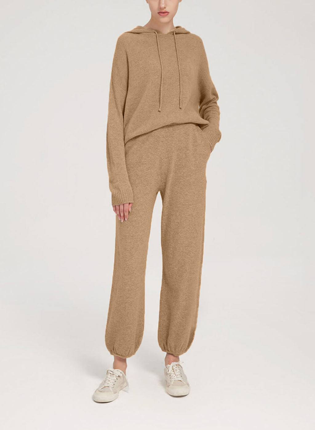 Fine-Knit Pure Merino Wool Hoodie Set - Camel, XL image