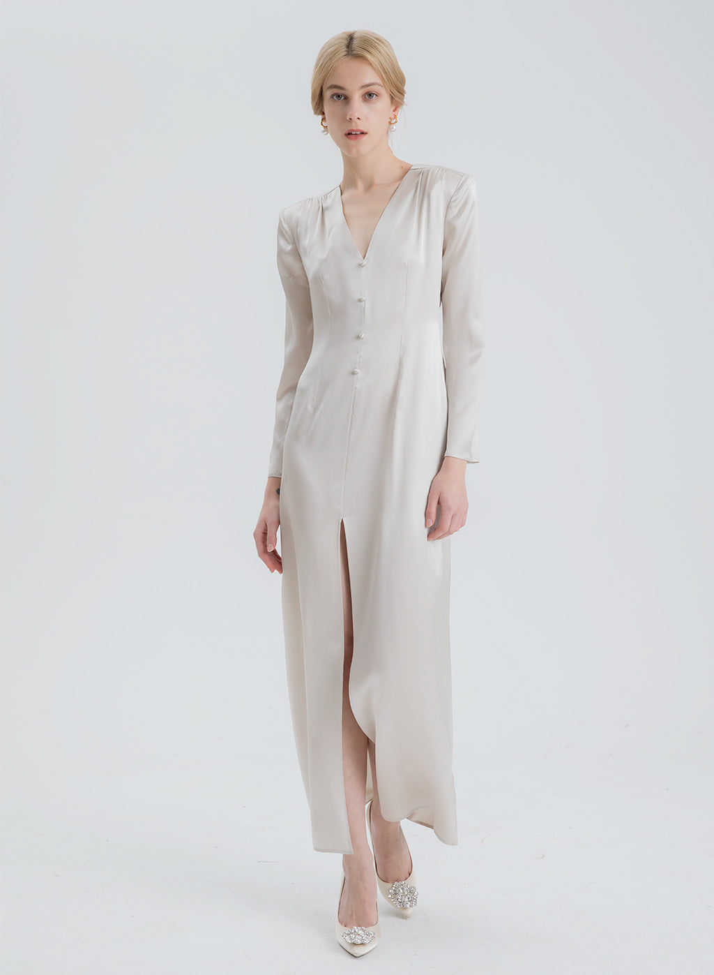 Front Slit Padded Shoulder Long Sleeve Silk Dress image 0