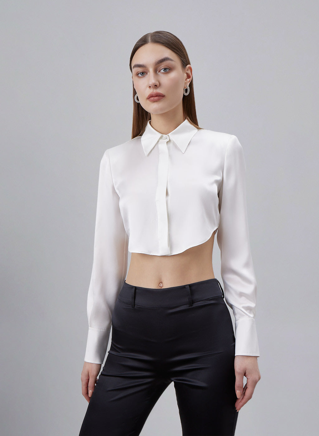 Padded Shoulder Cropped Silk Blouse image 0