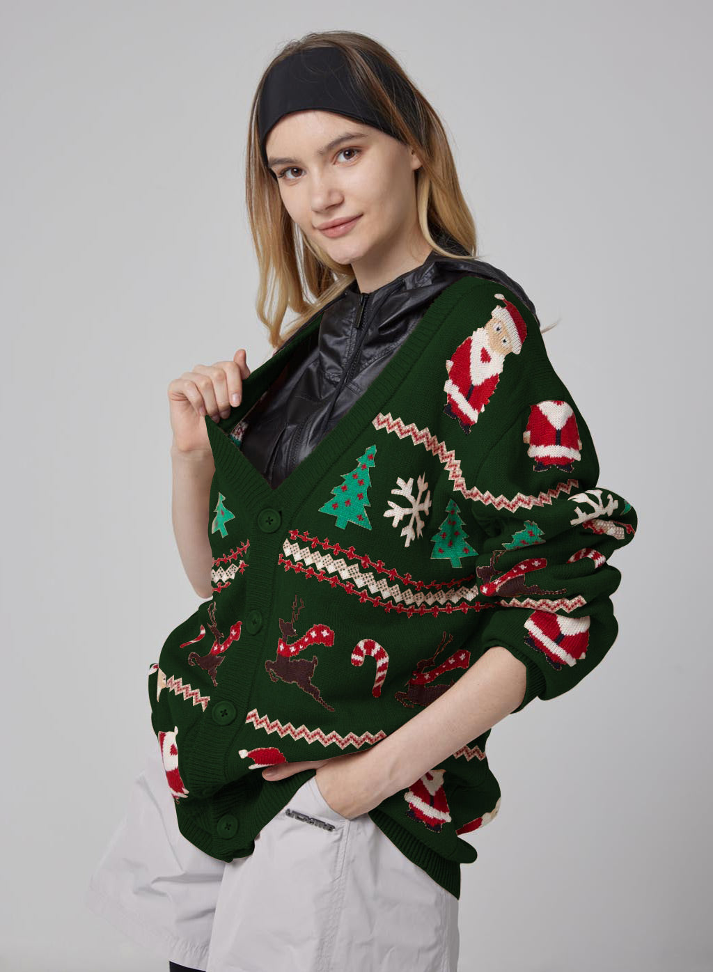 Santa Claus Print Cardigan - DarkGreen, XS image