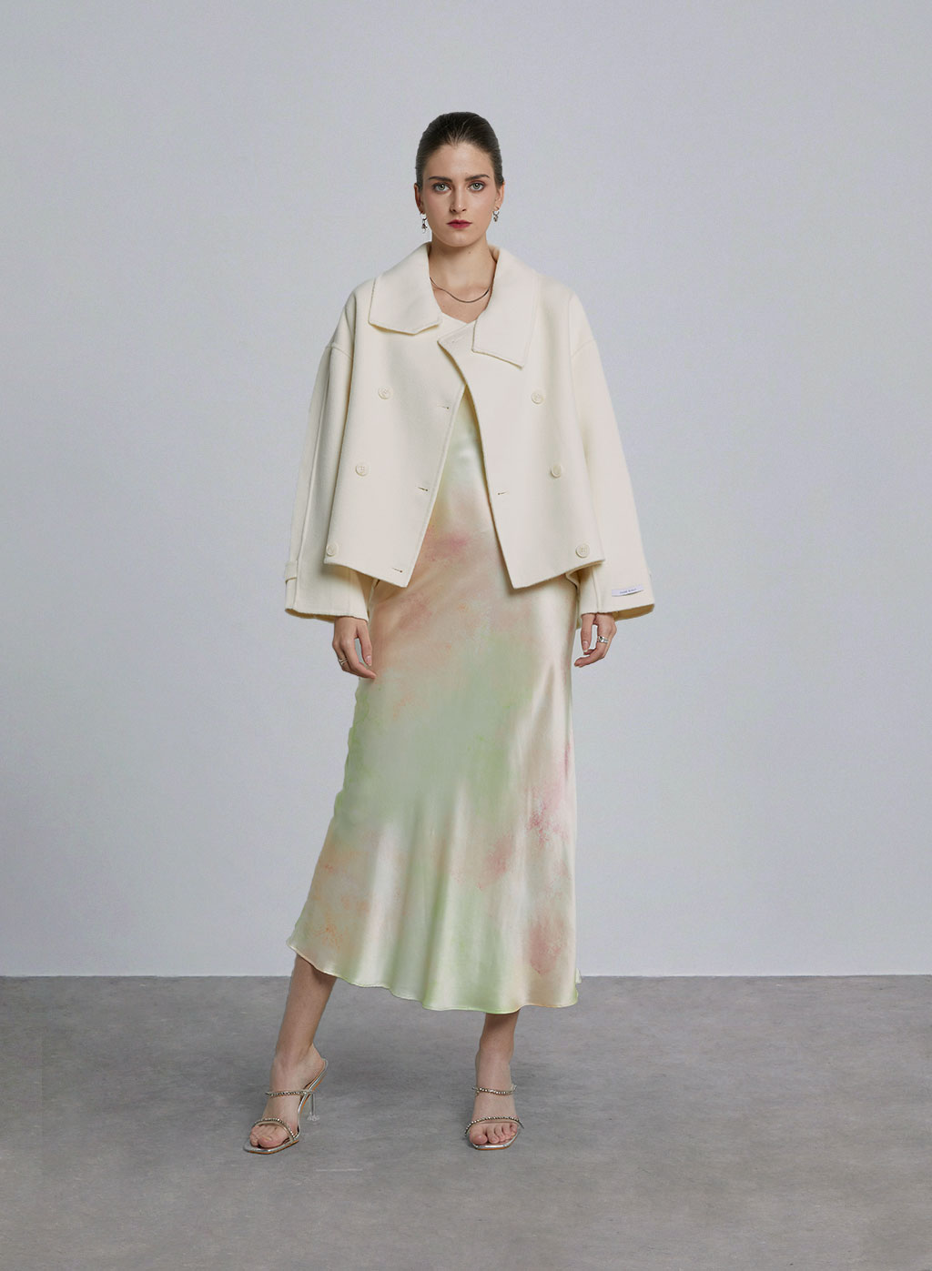 Belted Double Breasted Short Wool Coat - Ecru White, S image