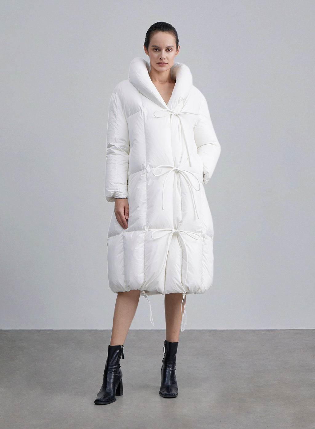 Shawl Lapel Lace-Up Down Coat - White, S image