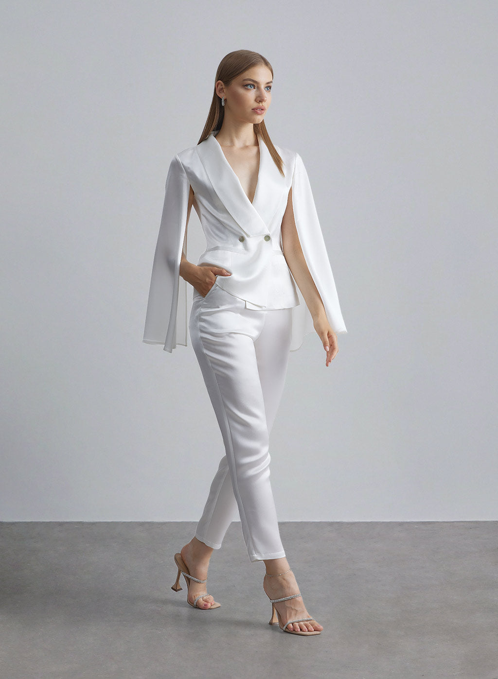 Tapered Satin Suit Pants - Pearl White, XS image