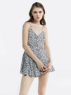 Floral V-neck Lace-up Flounce Romper - Black, XL image