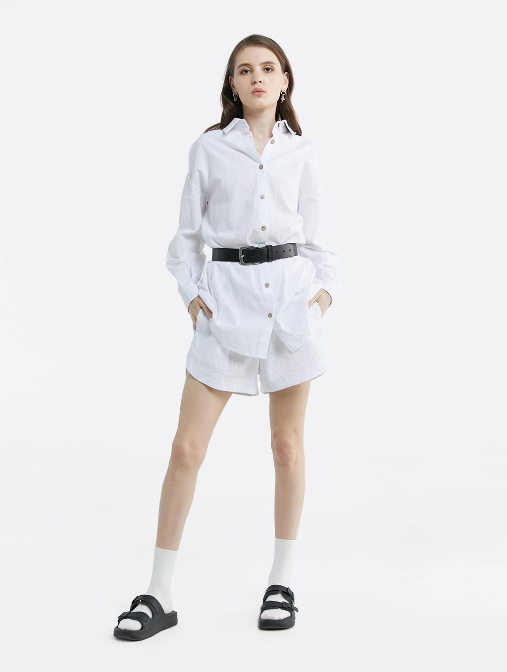 Solid Longsleeve Shirt &amp; Shorts Set - White, S image