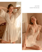 Sexy thin satin lace cardigan strappy nightgown
