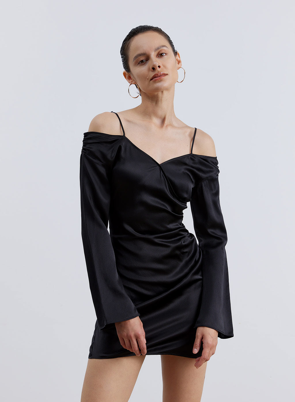 Off Shoulder Silk Slip Dress - Midnight Black, S image