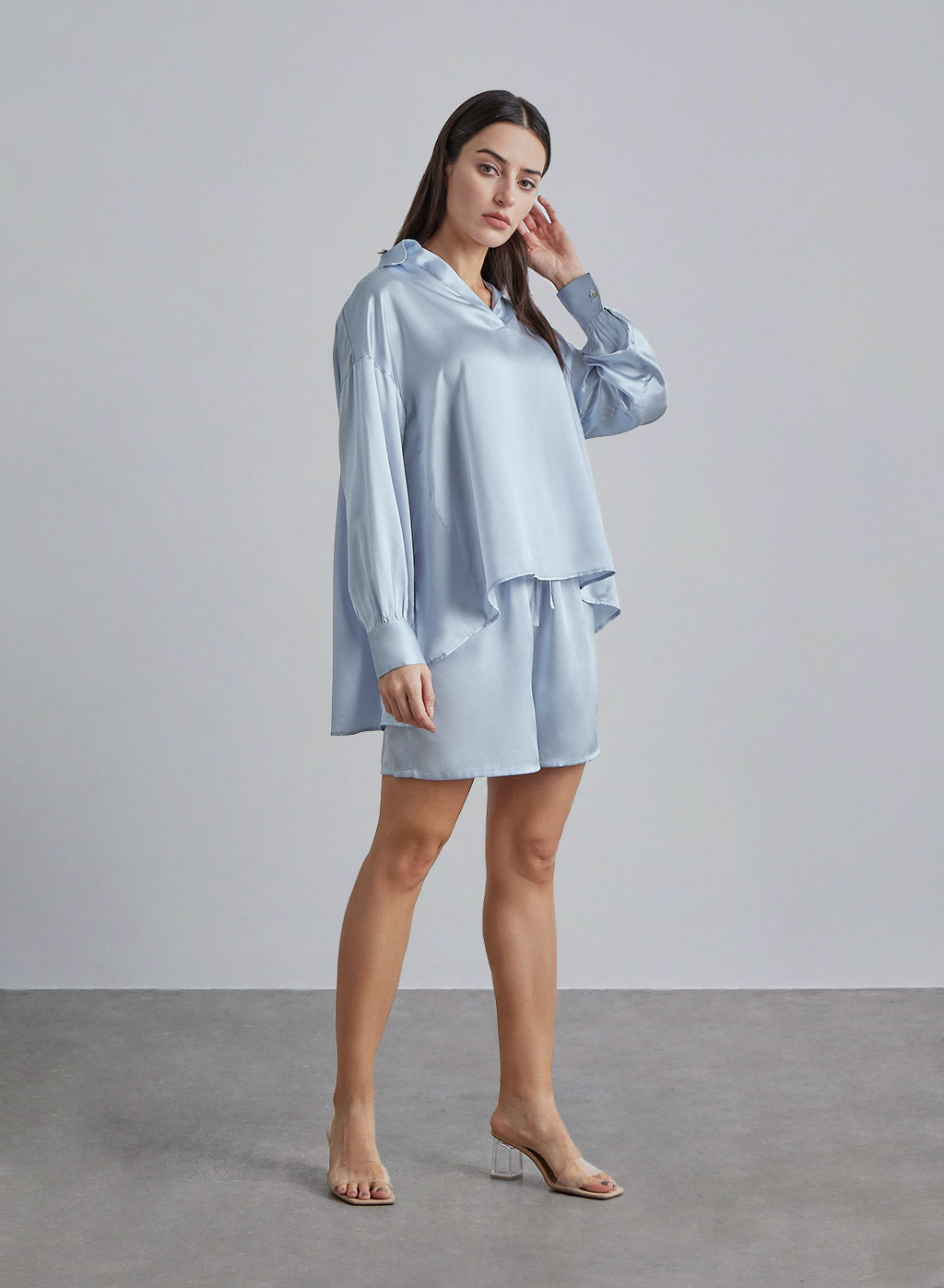 Hooded Loose Fit Silk Pajama Short Set image 0