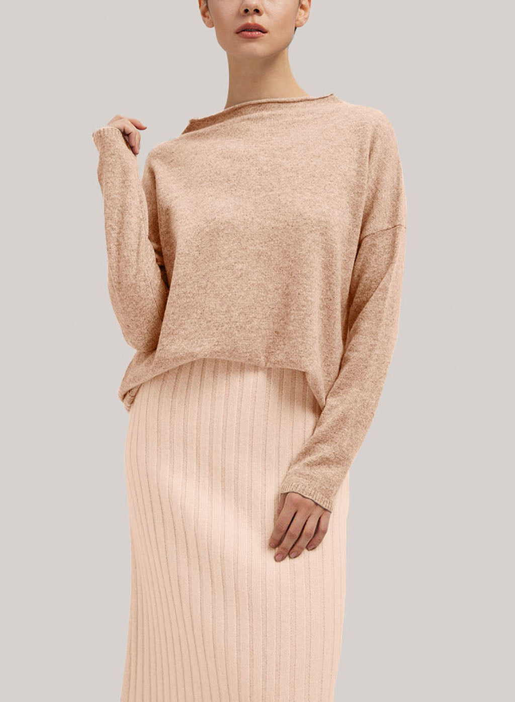 Funnel-Neck Wool-Cashmere Sweater - Beige, XS image