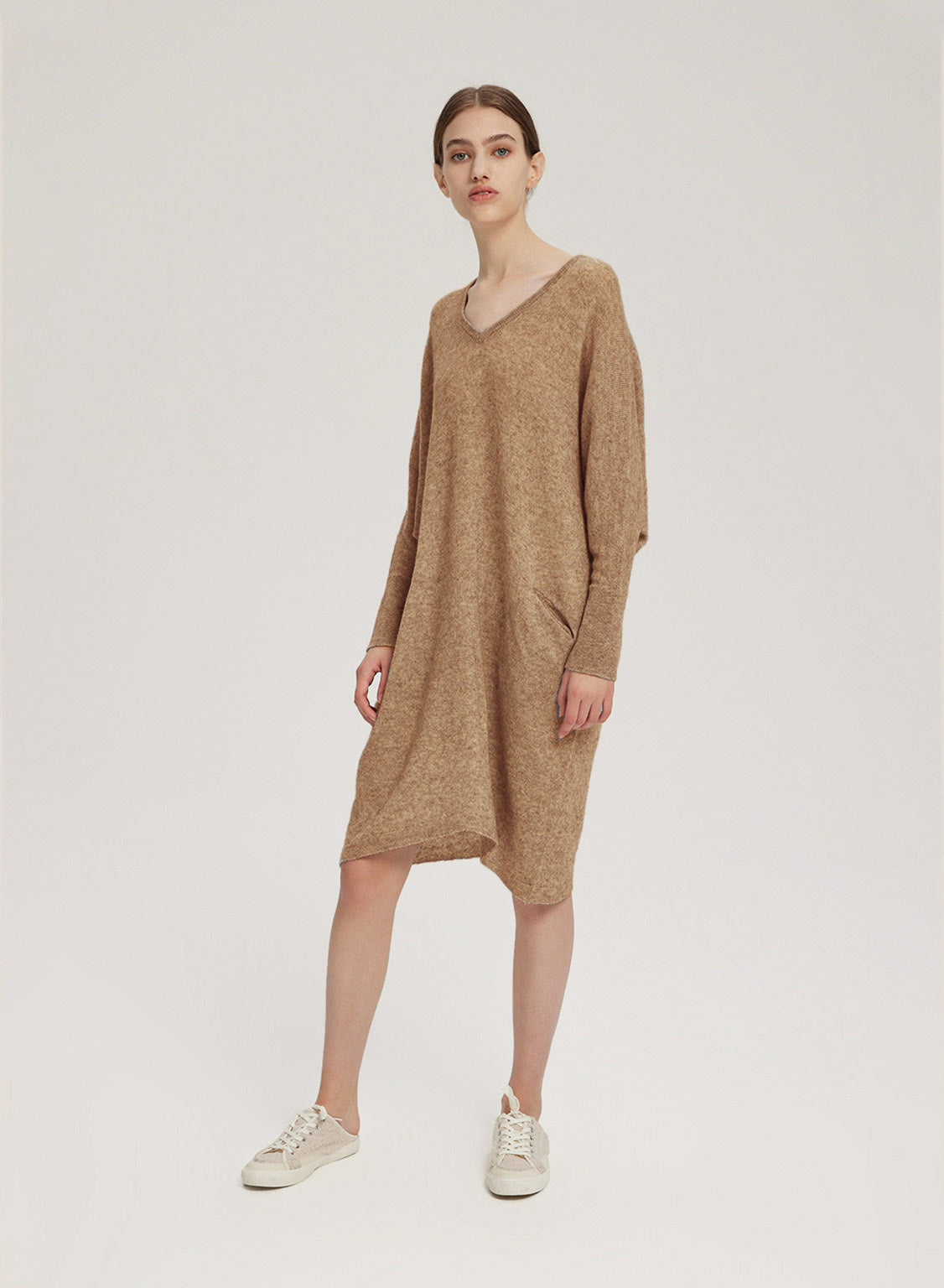 Loose V-Neck Pure Wool Dress - Camel, XS image